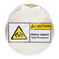 Picture of 36 rolls (500 labels per roll) Pre-Printed 3x1.5 CAUTION HEAVY OBJECT Team Lift Required Best Value